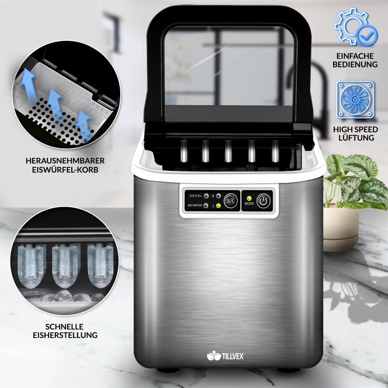 Eiswürfelmaschine Mini Tragbar,Kompakt Eiswürfelbereiter Maschinen Arbeitsplatte,6 Minuten Schnelleis Maschine,Selbstreinigende Ice Maker Für Zuhause,Schwarz